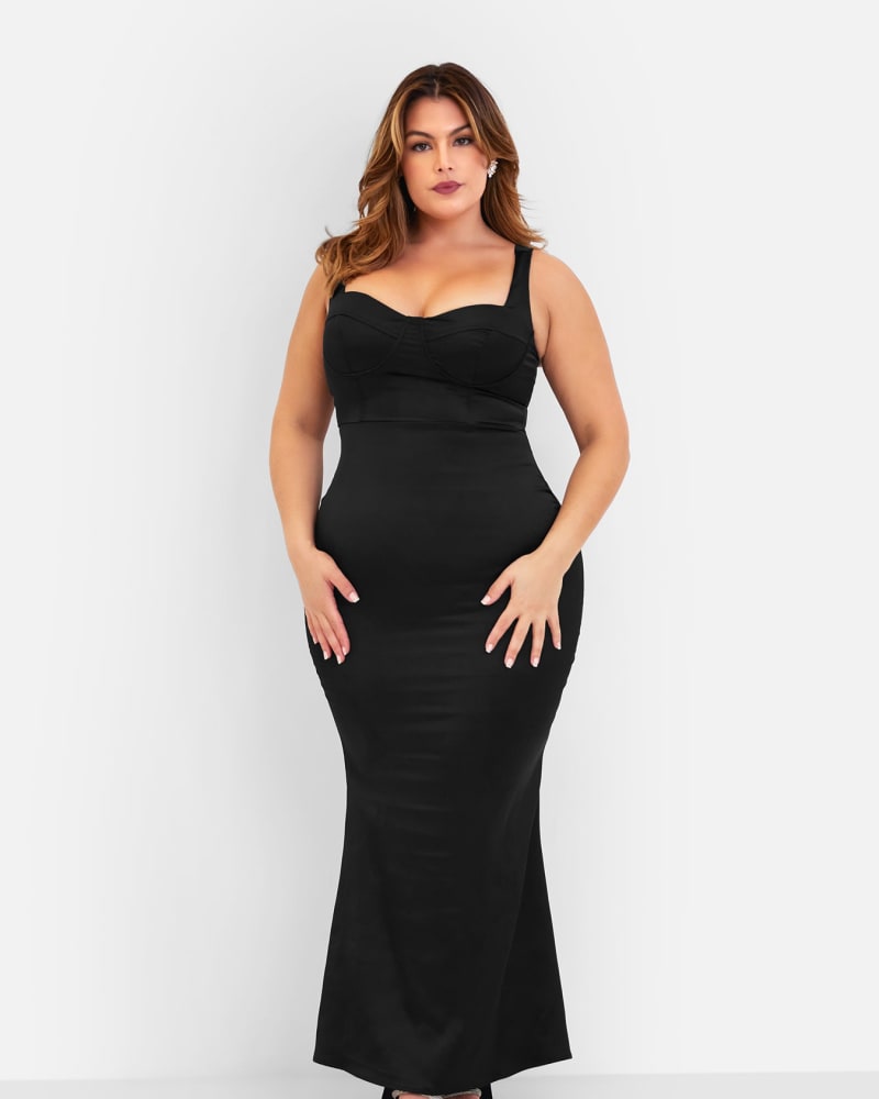Front of a model wearing a size 2X Amara Satin Corset Maxi Bodycon Dress in Black by Rebdolls. | dia_product_style_image_id:320965